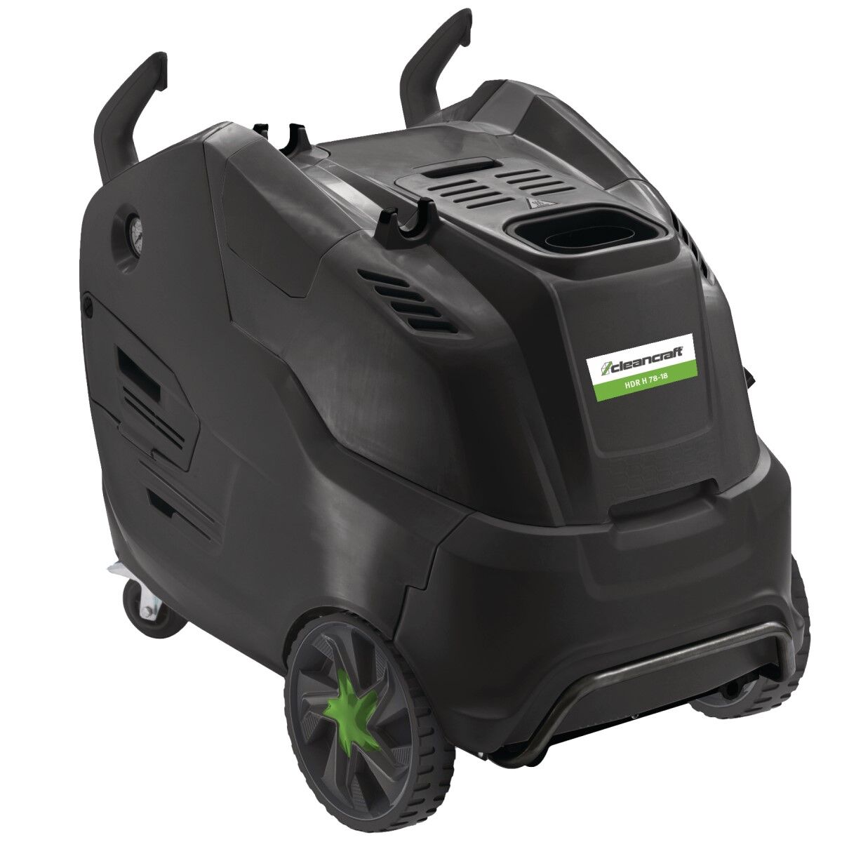 Schwarzer Hochdruckreiniger mit großen & kleinen Transportrollen.