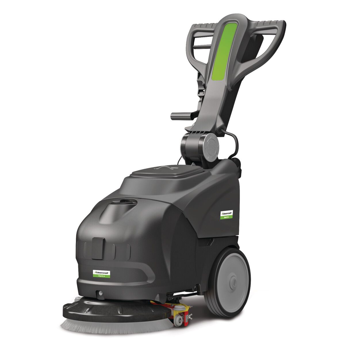 Schwarze Bodenreinigungsmaschine mit großem Griff und grünem Akzent, Blick von schräg vorne auf Bürstenkopf und Räder.