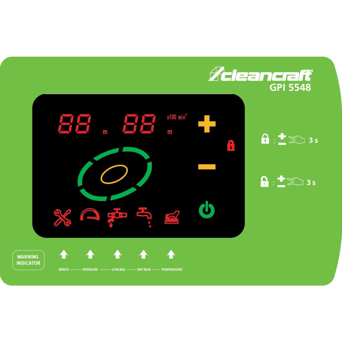 Nahaufnahme des grünen Bedienfelds mit Display und Symbolen der Cleancraft GPI 5548.