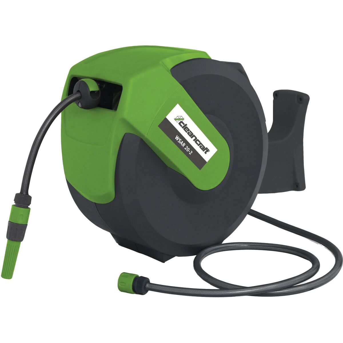 Automatische Schlauchaufrolleinheit in Grau und Grün mit Wandhalterung, Anschluss- und Auslassschlauch sichtbar.