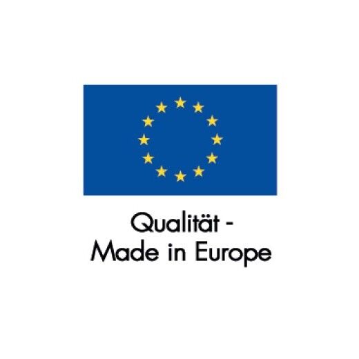 Blaues Siegel mit EU-Sternenkreis und der Aufschrift Qualität – Made in Europe als Hinweis auf europäische Herstellung.