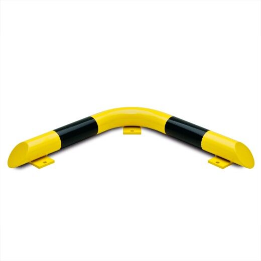 Gelb-schwarze Eck-Schutzbarriere aus Metall auf weißem Hintergrund, dient dem Anfahrschutz in Industrie- und Lagerbereichen.