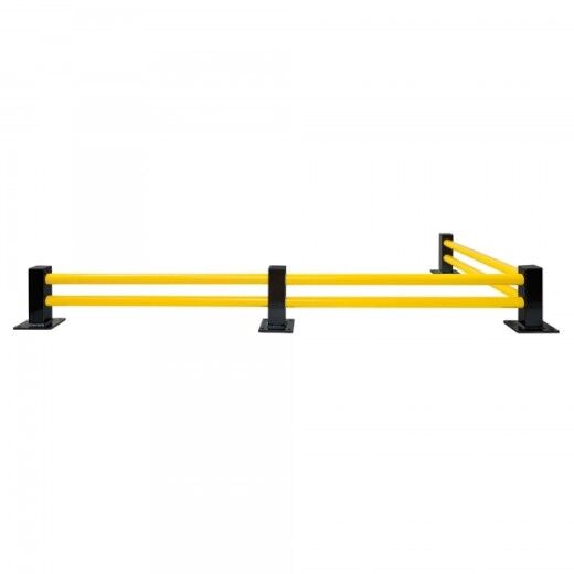 L-förmige gelb-schwarze Bodenbarriere mit zwei Querstreben zum Schutz von Ecken in Lager- und Produktionsbereichen.