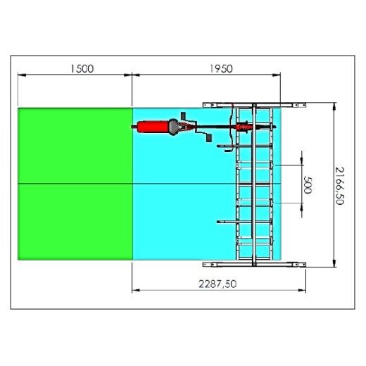 Technische Draufsicht auf einseitigen Fahrradparker mit Stellplätzen, farbigen Flächen und Maßangaben.