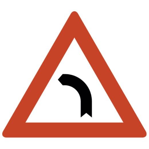 Verkehrsschild mit rotem Dreieck und schwarzem Pfeil der nach links biegt.
