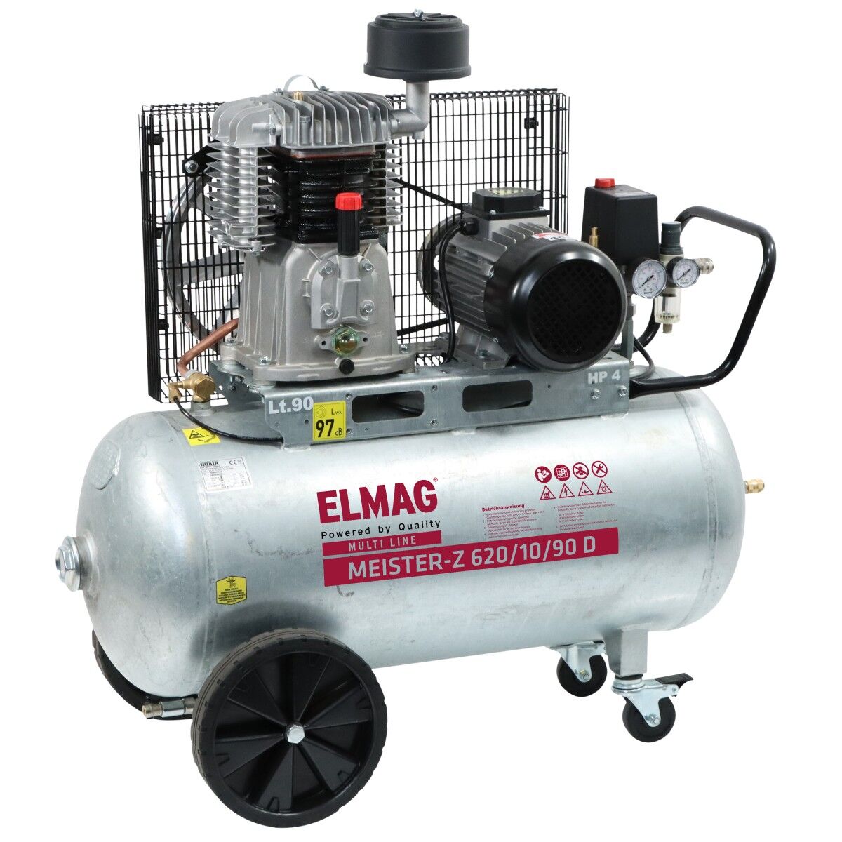 Silberner mobiler Luftkompressor mit 90-Liter-Tank, Motor, Schutzgitter, Druckmanometern und schwarzen Rädern.