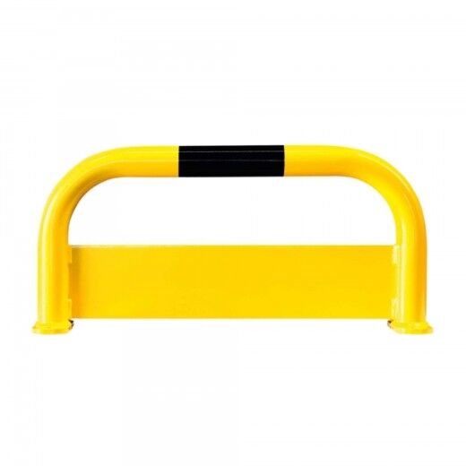 Gelb-schwarze Schutzbügel-Barriere aus Metall zur Bodenmontage, dient der Absicherung von Bereichen.