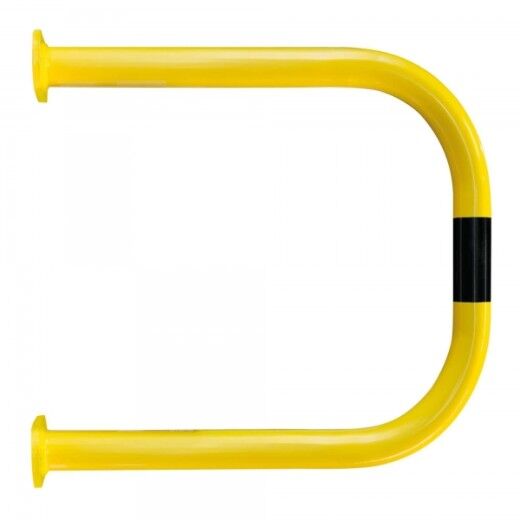 Gelber U-förmiger Rohrbügel mit schwarzem Mittelstreifen und Befestigungslöchern, waagrecht ausgerichtet, vor weißem Hintergrund.