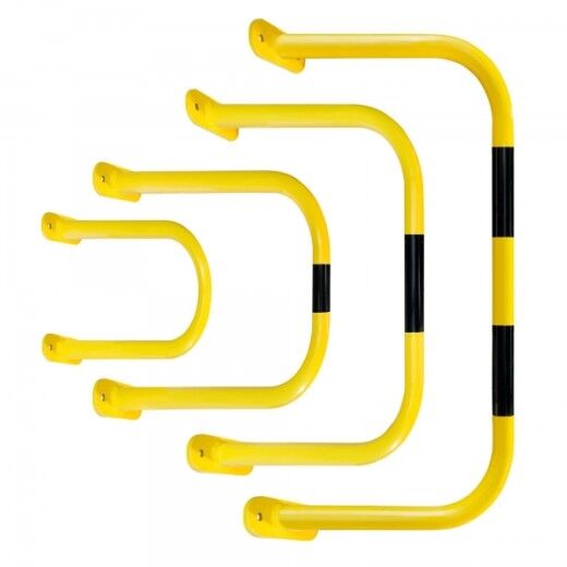 Vier gelbe U-förmige Rohrbügel mit schwarzen Streifen in unterschiedlichen Größen, waagrecht ausgerichtet, vor weißem Hintergrund.
