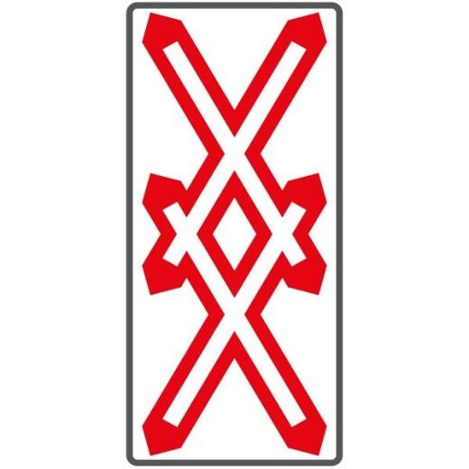 2 senkrechte, weiße Kreuze mit roter Umrandung übereinandergelegt - Bahnübergang mehrgleisig, Tafel