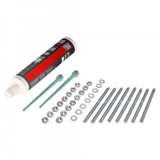 Montageset mit Injektionsmörtel, Gewindestangen, Muttern und Unterlegscheiben – ideal zur sicheren Befestigung von Rammschutzbügeln.