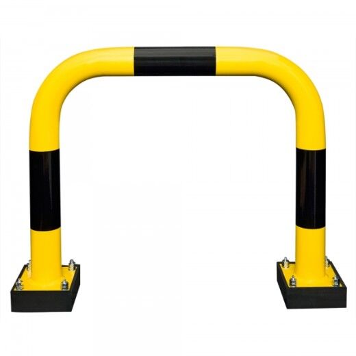 Rammschutzbügel in Gelb mit schwarzen Warnstreifen – für effektiven Schutz von Maschinen, Regalen und Durchfahrten in Industrieumgebungen.