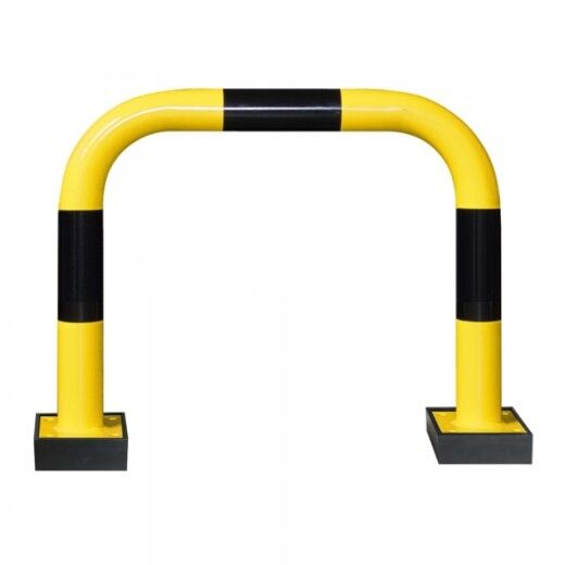 Rammschutzbügel in Gelb mit schwarzen Warnstreifen – für effektiven Schutz von Maschinen, Regalen und Durchfahrten in Industrieumgebungen.