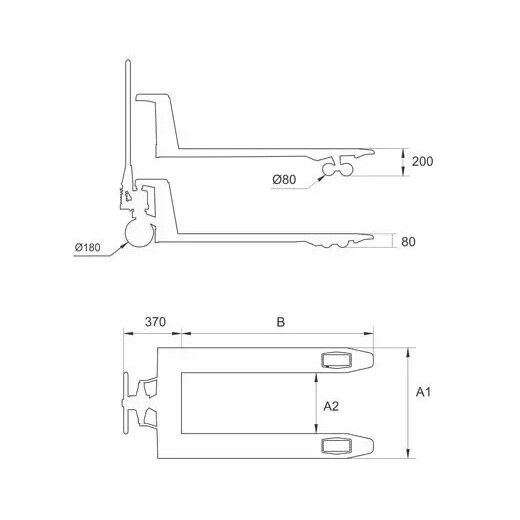 Technische Zeichnung eines Hubwagens mit Maßen und Details der Gabeln und Rollen, Draufsicht und Seitenansicht zur besseren Planung.