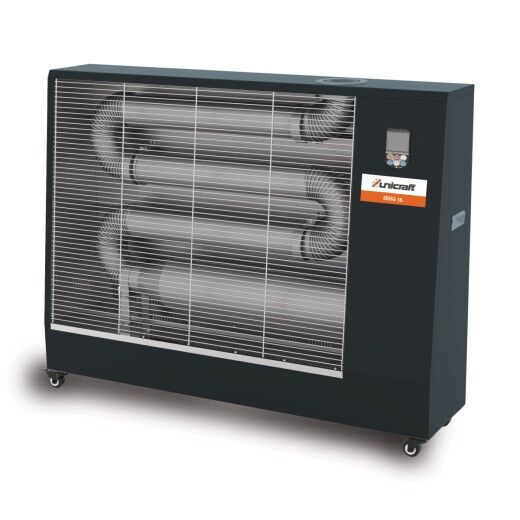 Heizgerät mit gebogenen Heizröhren hinter einem Schutzgitter, Bedienfeld rechts oben.