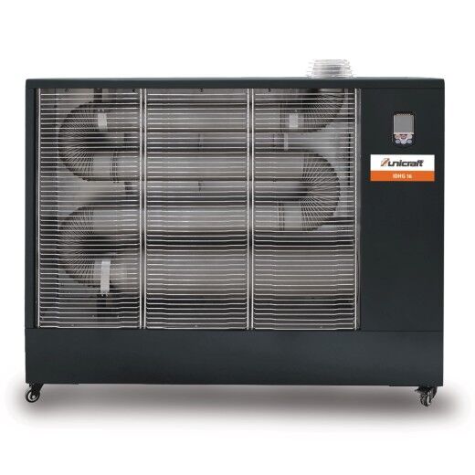 Dunkles Heizgerät mit Schutzgitter und mehreren sichtbaren Heizspiralen, auf Rollen montiert.