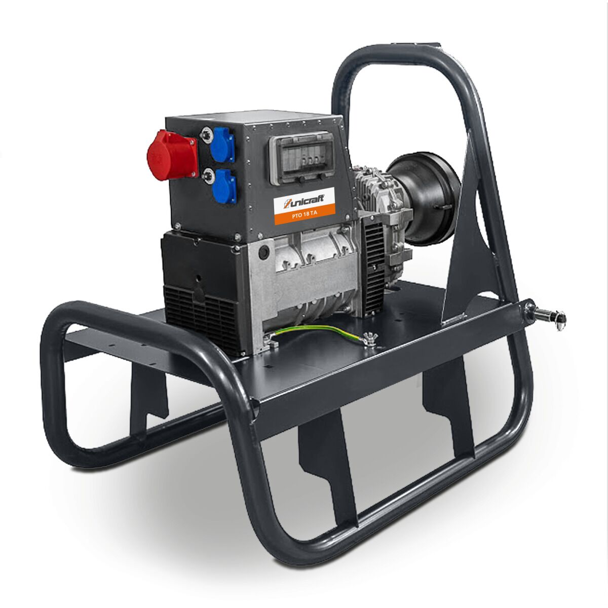 Unicraft PTO-Generator mit schwarzem Rohrrahmen, Steckdosen und Zähler, für Traktoranschluss mit stabiler Konstruktion für Feldbetrieb.