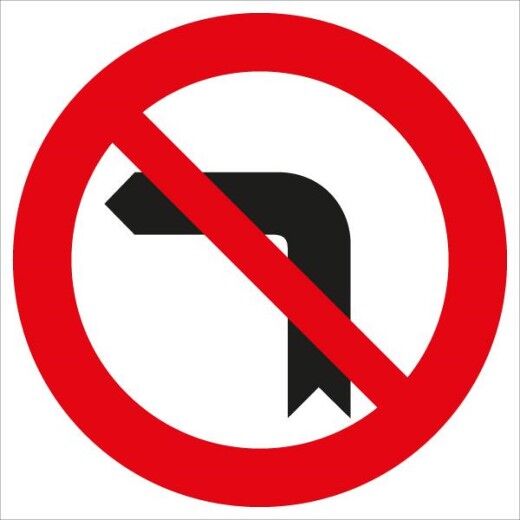 Verkehrsschild mit rotem Kreis und rotem Schrägstrich über schwarzem Pfeil nach links