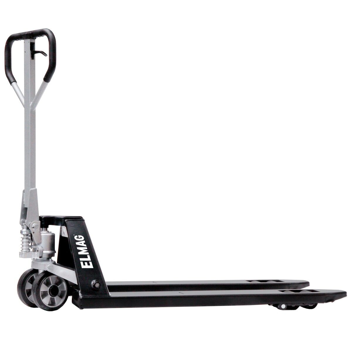 Seitliche Gesamtansicht eines Handhubwagens von Elmag mit langen Gabeln, Rollen vorne und ergonomischem Griff zum einfachen Ziehen.