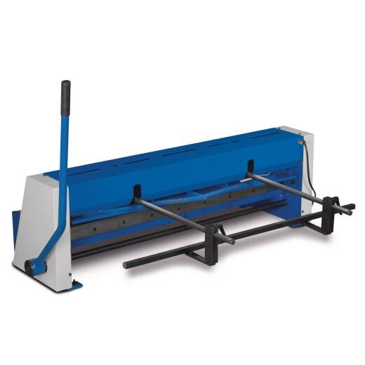 Manuelle blaue und weiße Blechschere mit seitlichem Handhebel und Anschlägen.