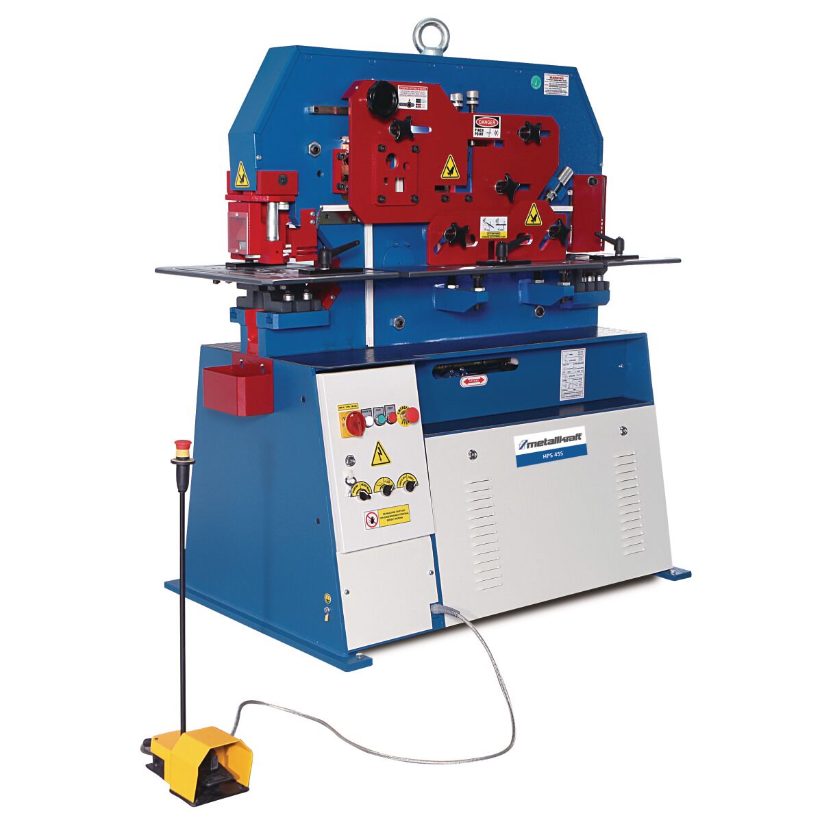 Gesamtansicht der Metallbearbeitungsmaschine mit Steuerpult und Fußschalter.