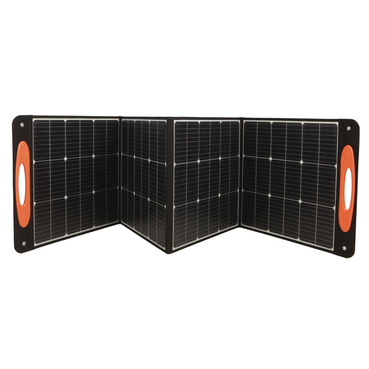 Vorderseite eines aufgeklappten tragbaren Solarpanels mit vier Modulflächen und orangefarbenen Griffen.