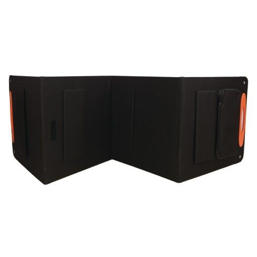 Rückseite eines aufgeklappten tragbaren Solarpanels mit Griffen und Taschen.