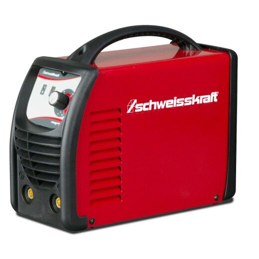 Rotes Schweißgerät mit schwarzem Griff und seitlichen Lüftungsschlitzen.