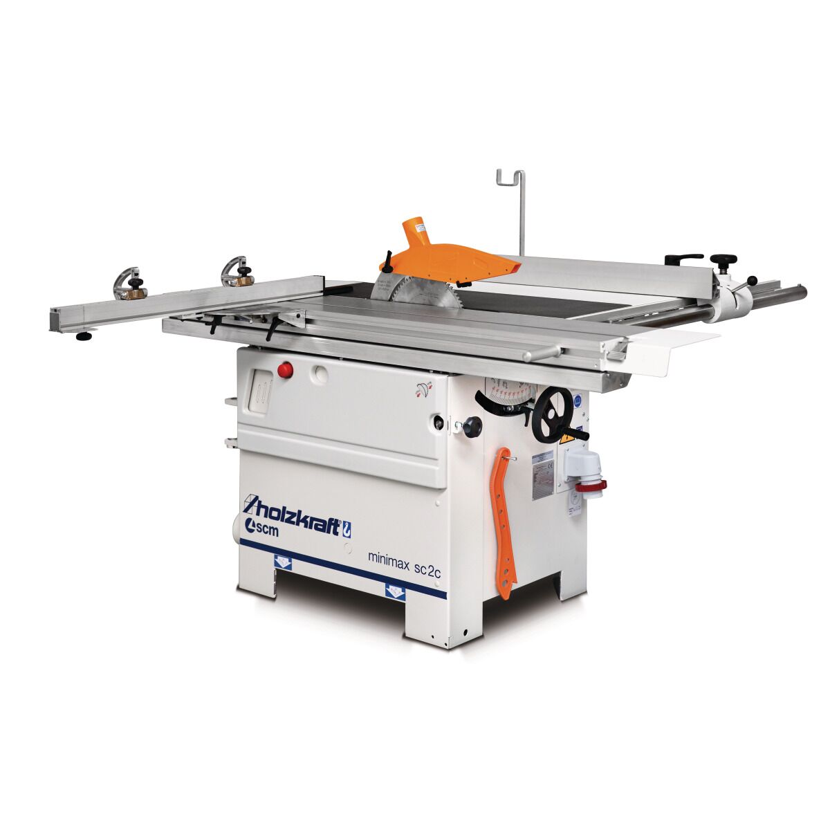 Gesamtansicht der Holzkraft Minimax SC 2c Formatkreissäge mit Schiebeschlitten und Schutzhaube.