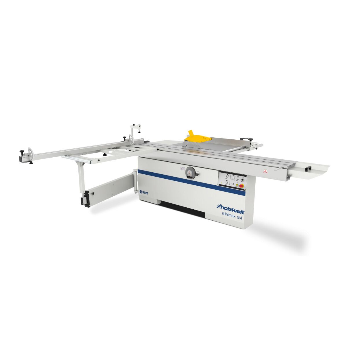 Formatkreissäge mit Schiebetisch und gelber Schutzhaube, Gesamtansicht.