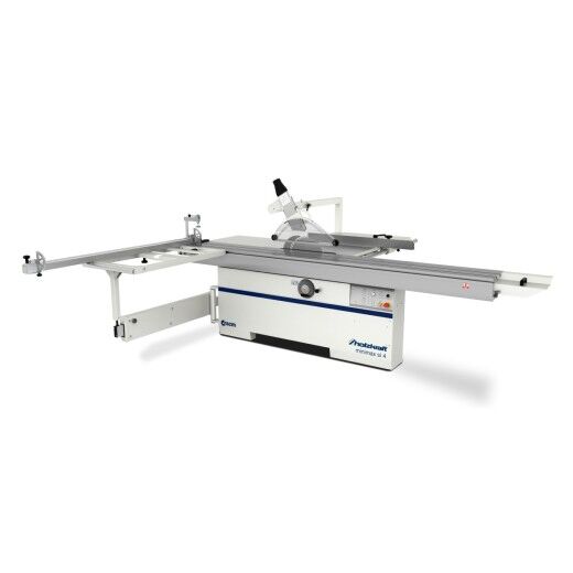 Formatkreissäge mit Schiebetisch, Anschlägen und Schutzhaube, Seitenansicht.