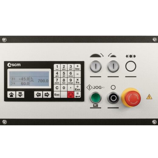 Bedienfeld mit Display, Tasten und Not-Aus-Schalter.