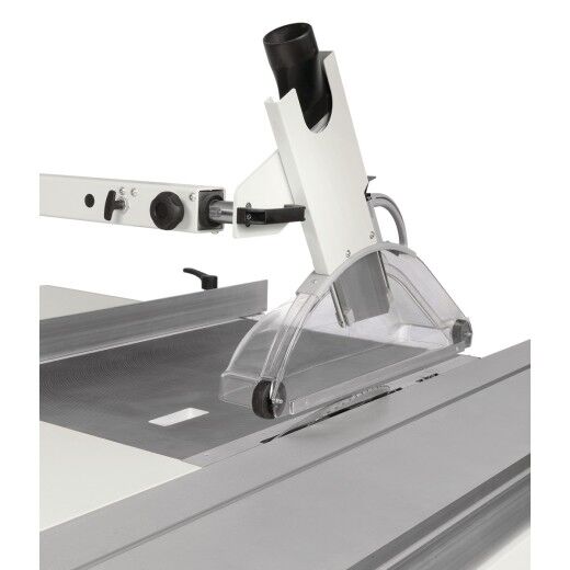 Transparente Schutzhaube über Kreissägeblatt mit Absauganschluss.