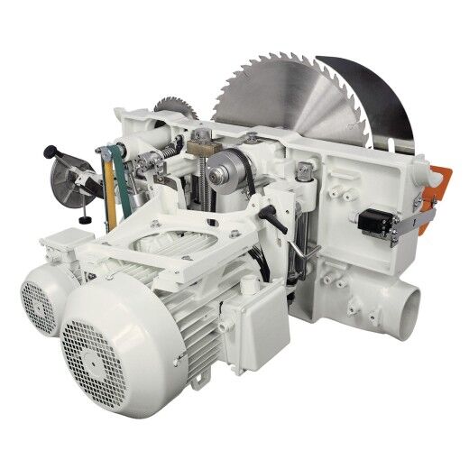 Geöffnetes Sägeaggregat mit Motor, Riemenantrieb und Kreissägeblatt.
