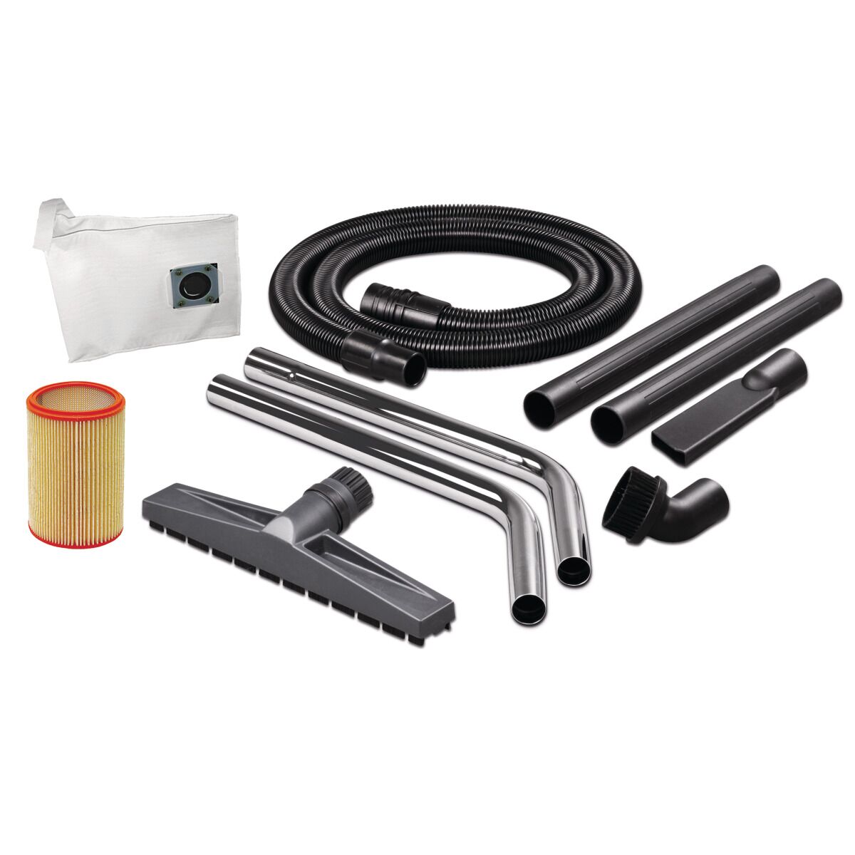 Zubehörset für Industriestaubsauger mit Schläuchen, Rohren, Filtern, Düsen und Staubbeutel.