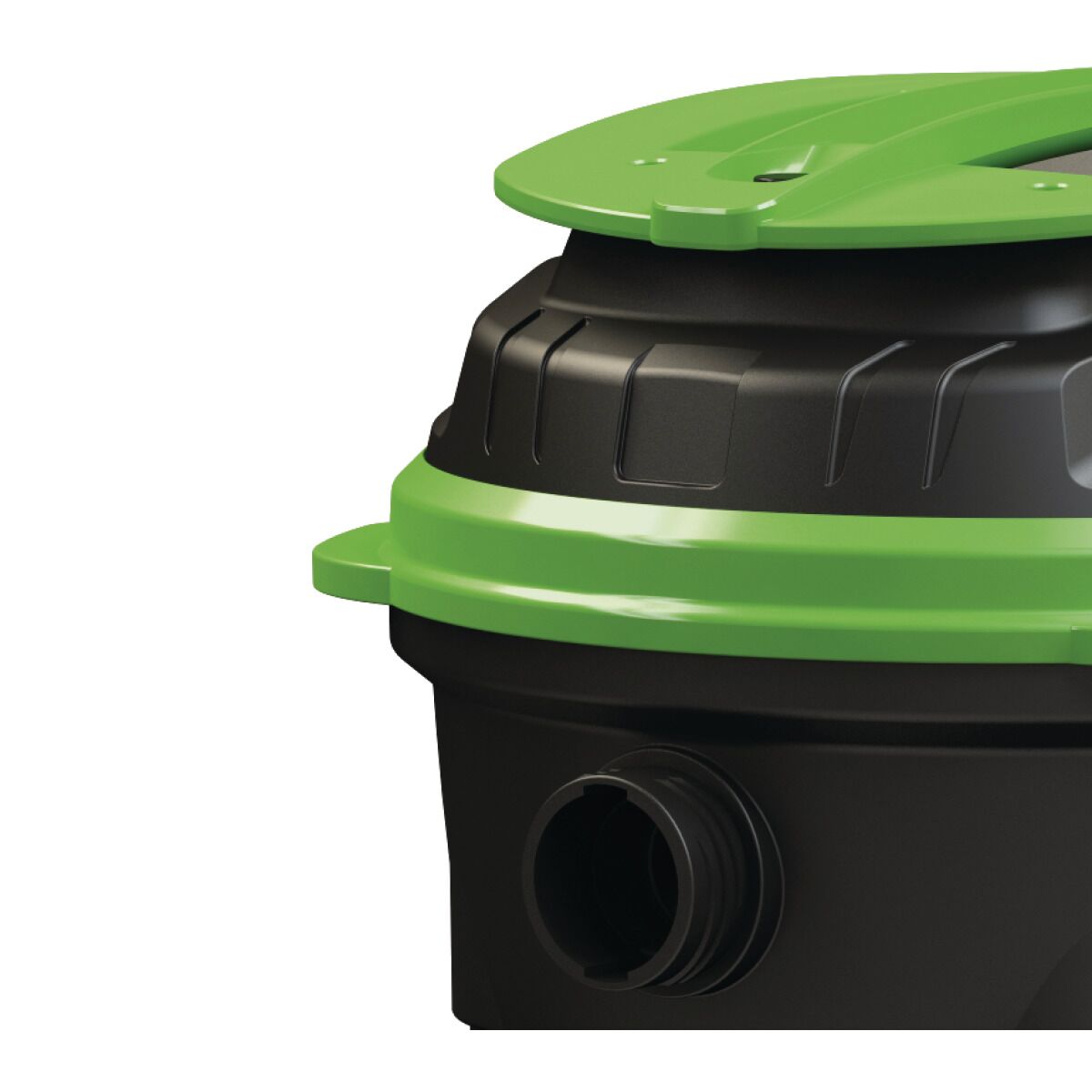 Detailaufnahme des grünen Staubsaugerdeckels mit Sauganschluss.