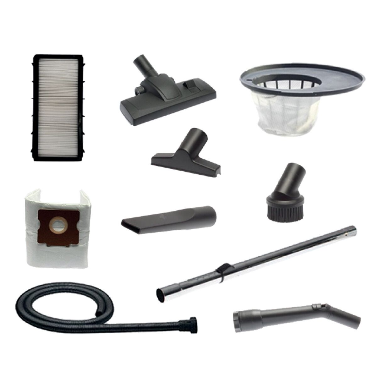 Zubehörset für Staubsauger mit Filtern, Düsen, Schlauch und Teleskoprohr auf weißem Hintergrund.
