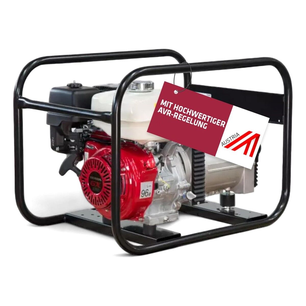 Benzin-Stromerzeuger im schwarzen Rohrrahmen mit weißem Tank und rotem Motor; seitlich Generator, angehängtes Schild „mit hochwertiger AVR-Regelung“.